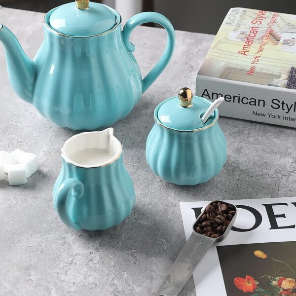 Sweejar Royal Ceramic - Juego de azúcar y crema de cerámica, juego de 3 piezas con jarra de crema, azucarero, juego de azúcar con tapa y cuchara, juego de servicio de café, regalo de boda (blanco) - Image 64