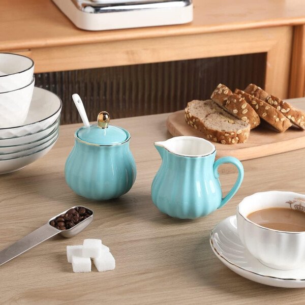 Sweejar Royal Ceramic - Juego de azúcar y crema de cerámica, juego de 3 piezas con jarra de crema, azucarero, juego de azúcar con tapa y cuchara, juego de servicio de café, regalo de boda (blanco) - Image 65