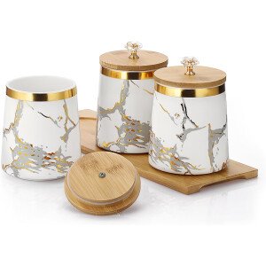 JUXYES Juego de 3 recipientes para azúcar, café, té con tapa hermética, juegos de recipientes de almacenamiento de cerámica, macetas de almacenamiento blancas con bandeja de almacenamiento,