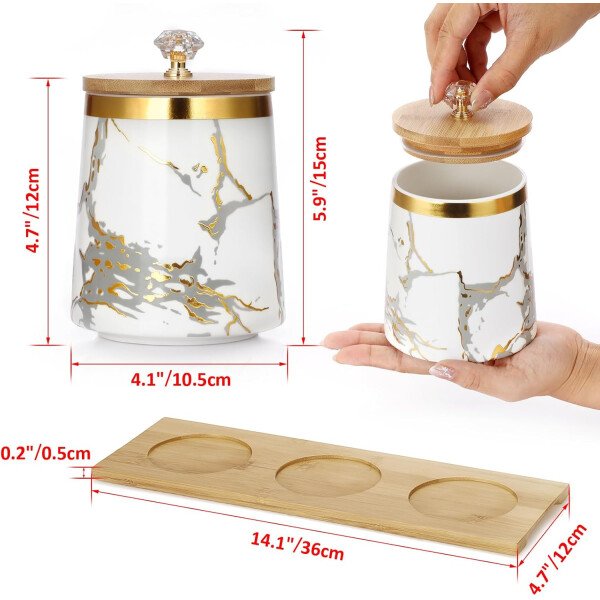 JUXYES Juego de 3 recipientes para azúcar, café, té con tapa hermética, juegos de recipientes de almacenamiento de cerámica, macetas de almacenamiento blancas con bandeja de almacenamiento, - Imagen 2