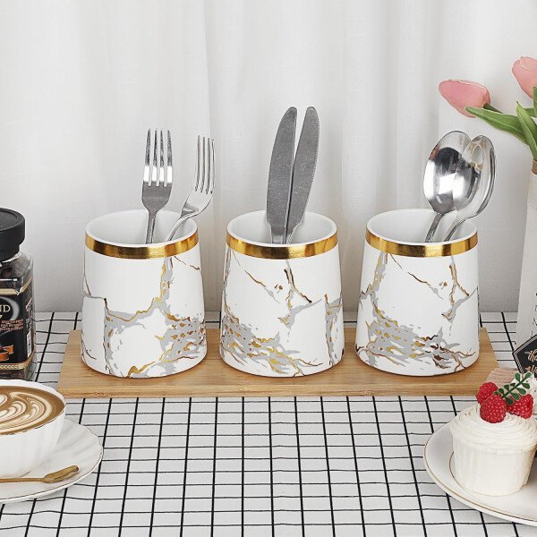JUXYES Juego de 3 recipientes para azúcar, café, té con tapa hermética, juegos de recipientes de almacenamiento de cerámica, macetas de almacenamiento blancas con bandeja de almacenamiento, - Imagen 3