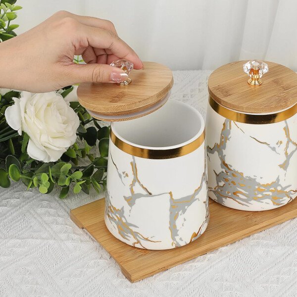 JUXYES Juego de 3 recipientes para azúcar, café, té con tapa hermética, juegos de recipientes de almacenamiento de cerámica, macetas de almacenamiento blancas con bandeja de almacenamiento, - Imagen 6