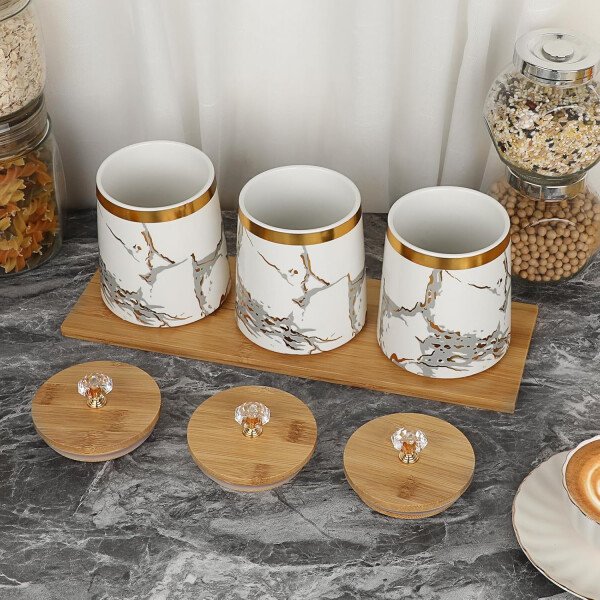 JUXYES Juego de 3 recipientes para azúcar, café, té con tapa hermética, juegos de recipientes de almacenamiento de cerámica, macetas de almacenamiento blancas con bandeja de almacenamiento, - Imagen 9