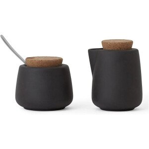 Viva Nicola - Juego de azúcar y crema de carbón, juego de servir de porcelana para café y té, jarra de crema y azucarero con tapa de corcho y cuchara de metal, 7 onzas / 6.8 fl oz de leche y azúcar