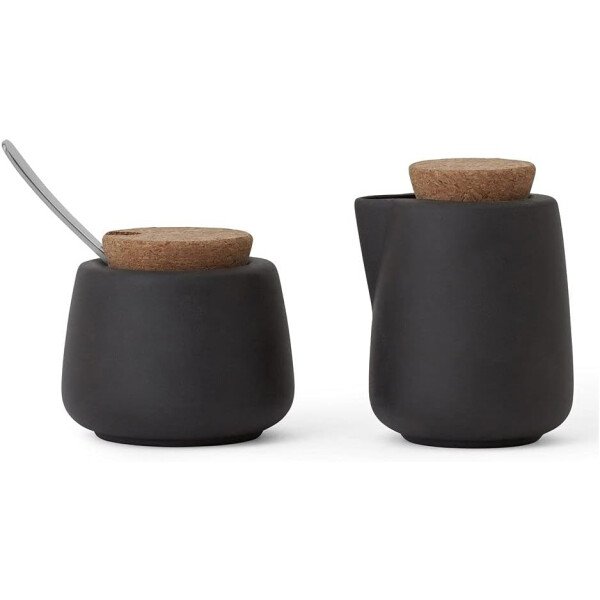 Viva Nicola - Juego de azúcar y crema de carbón, juego de servir de porcelana para café y té, jarra de crema y azucarero con tapa de corcho y cuchara de metal, 7 onzas / 6.8 fl oz de leche y azúcar