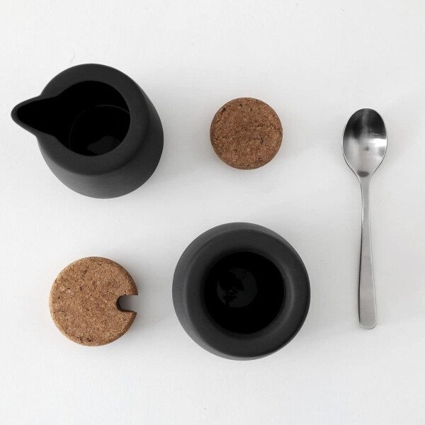 Viva Nicola - Juego de azúcar y crema de carbón, juego de servir de porcelana para café y té, jarra de crema y azucarero con tapa de corcho y cuchara de metal, 7 onzas / 6.8 fl oz de leche y azúcar - Imagen 3