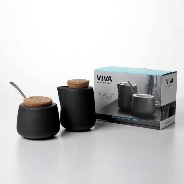 Viva Nicola - Juego de azúcar y crema de carbón, juego de servir de porcelana para café y té, jarra de crema y azucarero con tapa de corcho y cuchara de metal, 7 onzas / 6.8 fl oz de leche y azúcar - Imagen 5