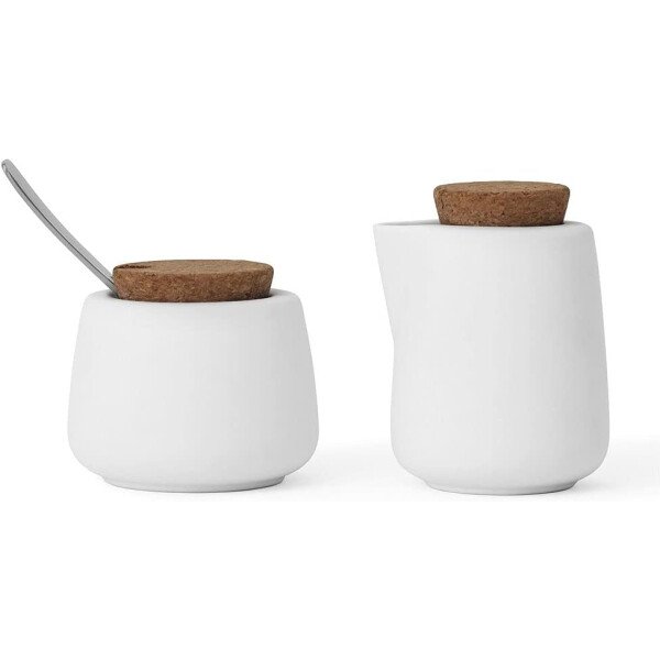 Viva Nicola - Juego de azúcar y crema de carbón, juego de servir de porcelana para café y té, jarra de crema y azucarero con tapa de corcho y cuchara de metal, 7 onzas / 6.8 fl oz de leche y azúcar - Imagen 7