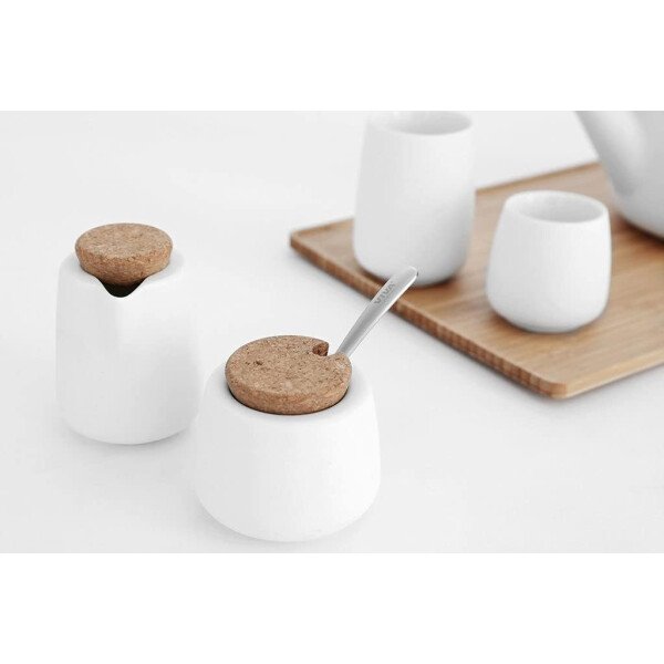 Viva Nicola - Juego de azúcar y crema de carbón, juego de servir de porcelana para café y té, jarra de crema y azucarero con tapa de corcho y cuchara de metal, 7 onzas / 6.8 fl oz de leche y azúcar - Imagen 8