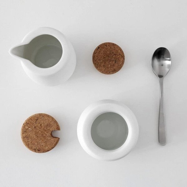 Viva Nicola - Juego de azúcar y crema de carbón, juego de servir de porcelana para café y té, jarra de crema y azucarero con tapa de corcho y cuchara de metal, 7 onzas / 6.8 fl oz de leche y azúcar - Imagen 9