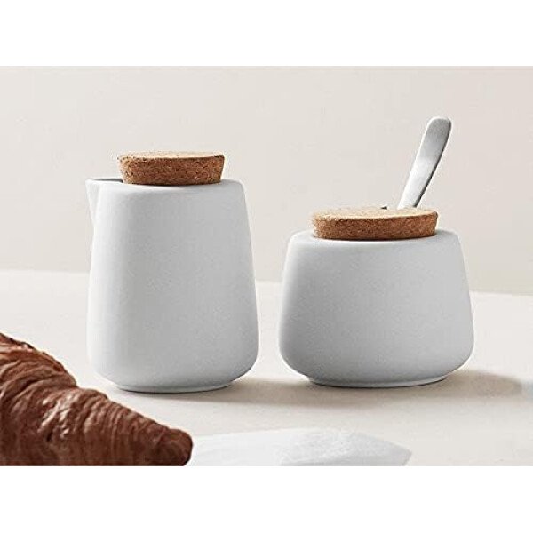 Viva Nicola - Juego de azúcar y crema de carbón, juego de servir de porcelana para café y té, jarra de crema y azucarero con tapa de corcho y cuchara de metal, 7 onzas / 6.8 fl oz de leche y azúcar - Imagen 10