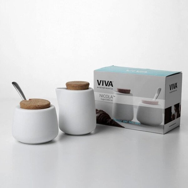 Viva Nicola - Juego de azúcar y crema de carbón, juego de servir de porcelana para café y té, jarra de crema y azucarero con tapa de corcho y cuchara de metal, 7 onzas / 6.8 fl oz de leche y azúcar - Imagen 11