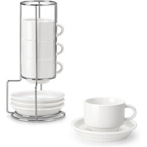 MALACASA Juego de 4 tazas de café expreso de porcelana de 2.5 onzas con platillos y soporte de metal, tazas de capuchino apilables, juego de tazas expresso blancas para bebidas de café, café con