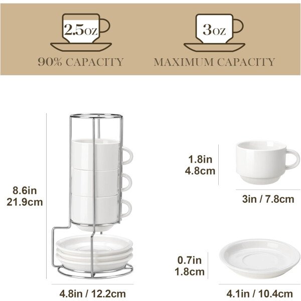 MALACASA Juego de 4 tazas de café expreso de porcelana de 2.5 onzas con platillos y soporte de metal, tazas de capuchino apilables, juego de tazas expresso blancas para bebidas de café, café con - Imagen 2