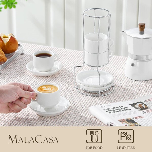MALACASA Juego de 4 tazas de café expreso de porcelana de 2.5 onzas con platillos y soporte de metal, tazas de capuchino apilables, juego de tazas expresso blancas para bebidas de café, café con - Imagen 3