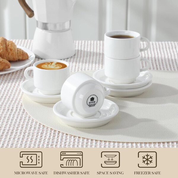 MALACASA Juego de 4 tazas de café expreso de porcelana de 2.5 onzas con platillos y soporte de metal, tazas de capuchino apilables, juego de tazas expresso blancas para bebidas de café, café con - Imagen 4