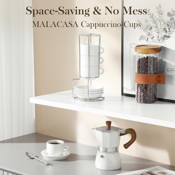 MALACASA Juego de 4 tazas de café expreso de porcelana de 2.5 onzas con platillos y soporte de metal, tazas de capuchino apilables, juego de tazas expresso blancas para bebidas de café, café con - Imagen 7