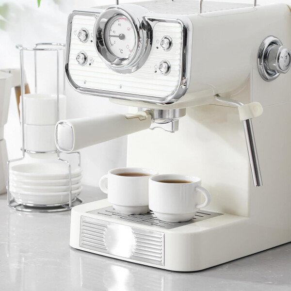 MALACASA Juego de 4 tazas de café expreso de porcelana de 2.5 onzas con platillos y soporte de metal, tazas de capuchino apilables, juego de tazas expresso blancas para bebidas de café, café con - Imagen 9