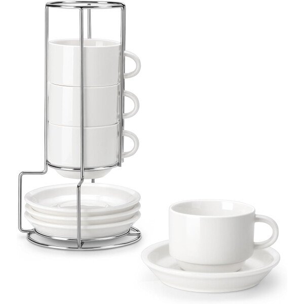 MALACASA Juego de 4 tazas de café expreso de porcelana de 2.5 onzas con platillos y soporte de metal, tazas de capuchino apilables, juego de tazas expresso blancas para bebidas de café, café con - Imagen 10