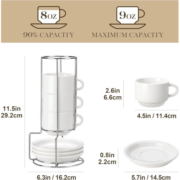 MALACASA Juego de 4 tazas de café expreso de porcelana de 2.5 onzas con platillos y soporte de metal, tazas de capuchino apilables, juego de tazas expresso blancas para bebidas de café, café con - Imagen 11