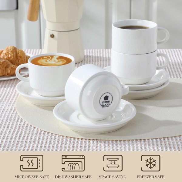 MALACASA Juego de 4 tazas de café expreso de porcelana de 2.5 onzas con platillos y soporte de metal, tazas de capuchino apilables, juego de tazas expresso blancas para bebidas de café, café con - Imagen 13