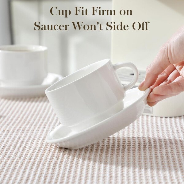 MALACASA Juego de 4 tazas de café expreso de porcelana de 2.5 onzas con platillos y soporte de metal, tazas de capuchino apilables, juego de tazas expresso blancas para bebidas de café, café con - Imagen 16