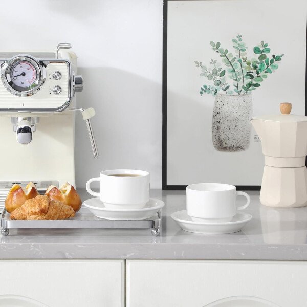 MALACASA Juego de 4 tazas de café expreso de porcelana de 2.5 onzas con platillos y soporte de metal, tazas de capuchino apilables, juego de tazas expresso blancas para bebidas de café, café con - Imagen 18