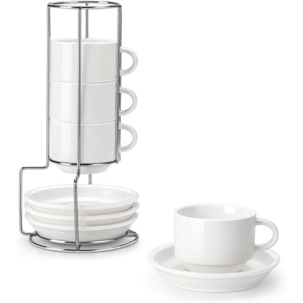MALACASA Juego de 4 tazas de café expreso de porcelana de 2.5 onzas con platillos y soporte de metal, tazas de capuchino apilables, juego de tazas expresso blancas para bebidas de café, café con - Imagen 19