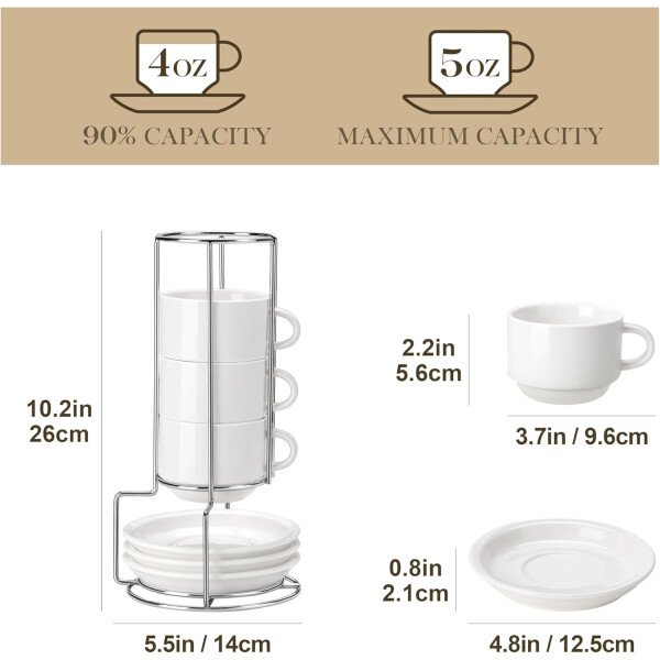 MALACASA Juego de 4 tazas de café expreso de porcelana de 2.5 onzas con platillos y soporte de metal, tazas de capuchino apilables, juego de tazas expresso blancas para bebidas de café, café con - Imagen 20