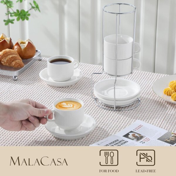 MALACASA Juego de 4 tazas de café expreso de porcelana de 2.5 onzas con platillos y soporte de metal, tazas de capuchino apilables, juego de tazas expresso blancas para bebidas de café, café con - Imagen 21