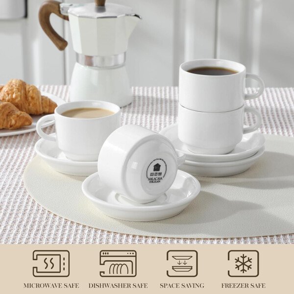 MALACASA Juego de 4 tazas de café expreso de porcelana de 2.5 onzas con platillos y soporte de metal, tazas de capuchino apilables, juego de tazas expresso blancas para bebidas de café, café con - Imagen 22