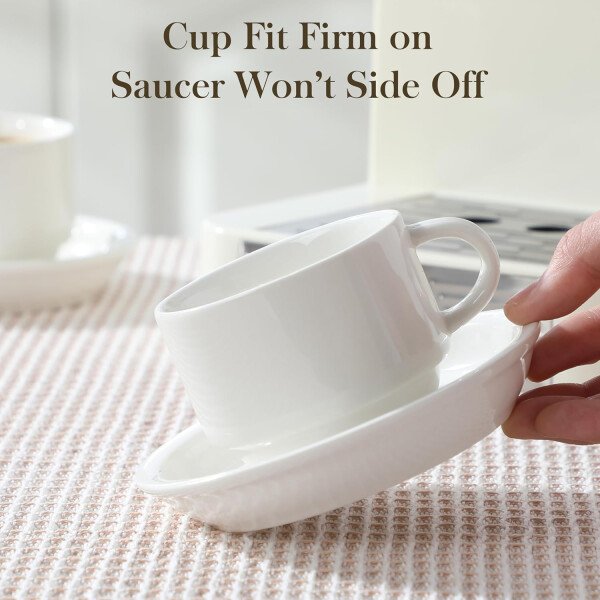 MALACASA Juego de 4 tazas de café expreso de porcelana de 2.5 onzas con platillos y soporte de metal, tazas de capuchino apilables, juego de tazas expresso blancas para bebidas de café, café con - Imagen 24