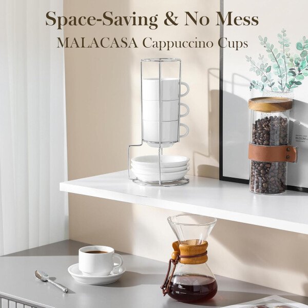 MALACASA Juego de 4 tazas de café expreso de porcelana de 2.5 onzas con platillos y soporte de metal, tazas de capuchino apilables, juego de tazas expresso blancas para bebidas de café, café con - Imagen 25