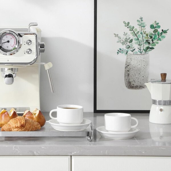 MALACASA Juego de 4 tazas de café expreso de porcelana de 2.5 onzas con platillos y soporte de metal, tazas de capuchino apilables, juego de tazas expresso blancas para bebidas de café, café con - Imagen 27