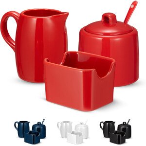 Kook Juego de azúcar y crema, 3 piezas, jarra, azucarero con tapa y cuchara, soporte para edulcorantes (rojo)