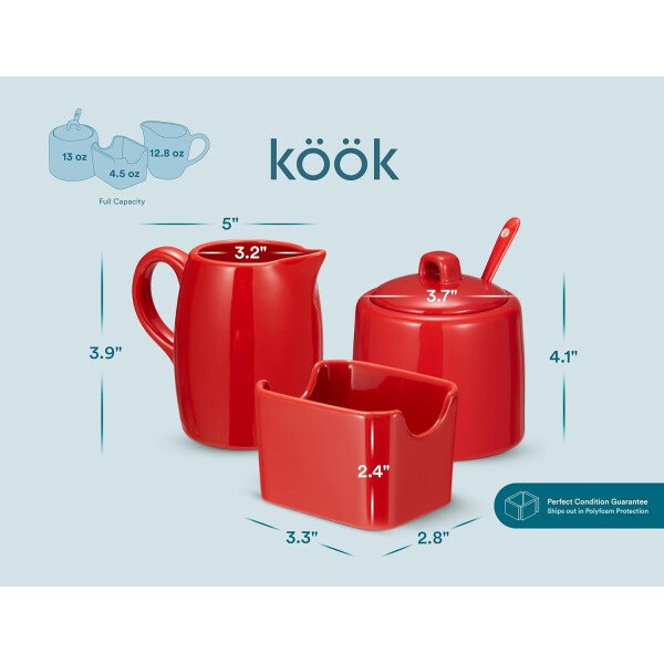 Kook Juego de azúcar y crema, 3 piezas, jarra, azucarero con tapa y cuchara, soporte para edulcorantes (rojo) - Image 7