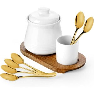 Nucookery Azucarero de porcelana con tapa y cucharas, contenedor grande de 14 onzas para barra de café, juego de azucareros de lujo con cucharas de acero inoxidable (blanco, cuchara dorada)
