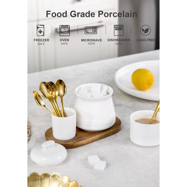 Nucookery Azucarero de porcelana con tapa y cucharas, contenedor grande de 14 onzas para barra de café, juego de azucareros de lujo con cucharas de acero inoxidable (blanco, cuchara dorada) - Imagen 2