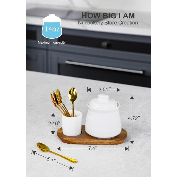 Nucookery Azucarero de porcelana con tapa y cucharas, contenedor grande de 14 onzas para barra de café, juego de azucareros de lujo con cucharas de acero inoxidable (blanco, cuchara dorada) - Imagen 4