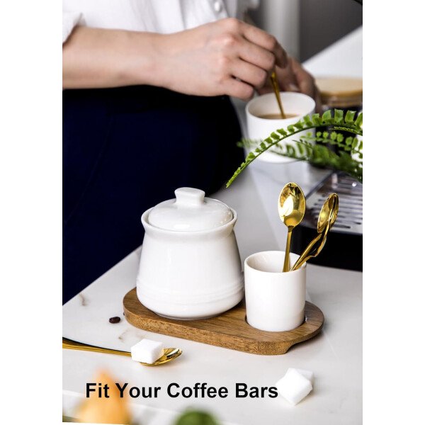 Nucookery Azucarero de porcelana con tapa y cucharas, contenedor grande de 14 onzas para barra de café, juego de azucareros de lujo con cucharas de acero inoxidable (blanco, cuchara dorada) - Imagen 5