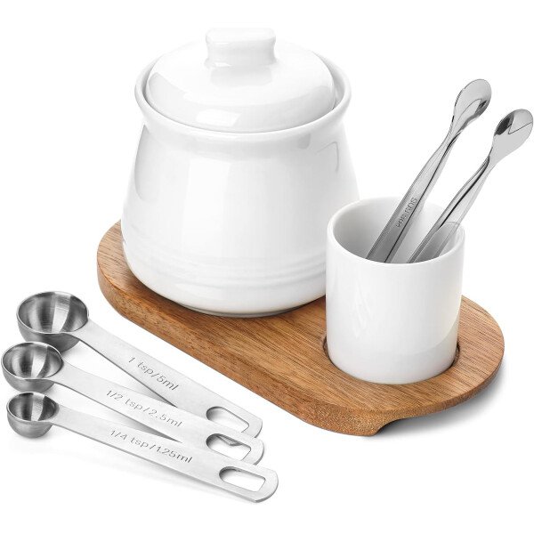 Nucookery Azucarero de porcelana con tapa y cucharas, contenedor grande de 14 onzas para barra de café, juego de azucareros de lujo con cucharas de acero inoxidable (blanco, cuchara dorada) - Imagen 8