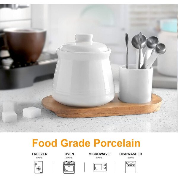 Nucookery Azucarero de porcelana con tapa y cucharas, contenedor grande de 14 onzas para barra de café, juego de azucareros de lujo con cucharas de acero inoxidable (blanco, cuchara dorada) - Imagen 9