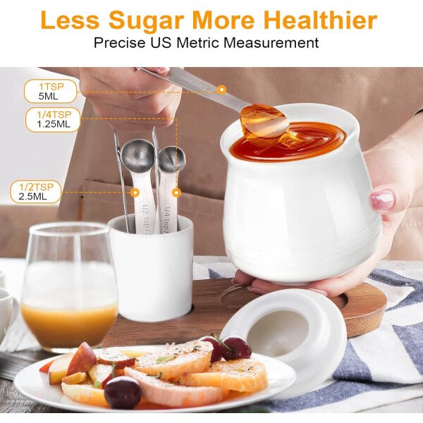 Nucookery Azucarero de porcelana con tapa y cucharas, contenedor grande de 14 onzas para barra de café, juego de azucareros de lujo con cucharas de acero inoxidable (blanco, cuchara dorada) - Imagen 11