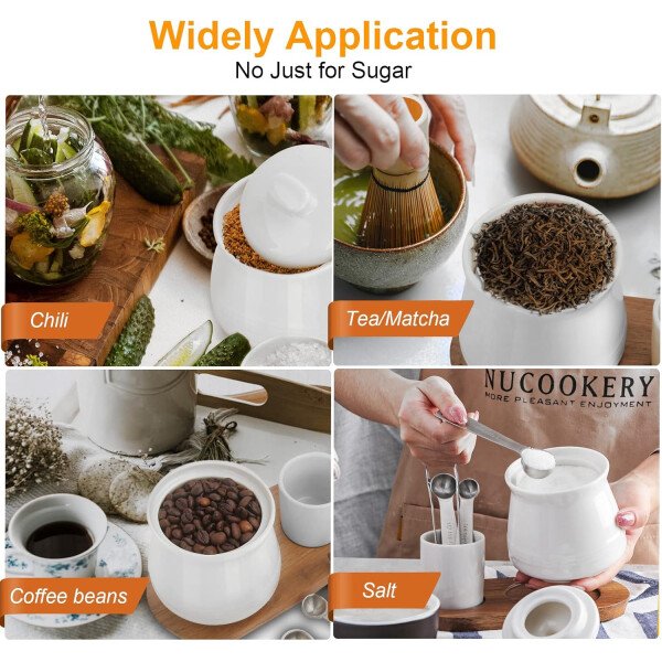Nucookery Azucarero de porcelana con tapa y cucharas, contenedor grande de 14 onzas para barra de café, juego de azucareros de lujo con cucharas de acero inoxidable (blanco, cuchara dorada) - Imagen 12