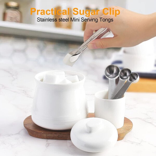 Nucookery Azucarero de porcelana con tapa y cucharas, contenedor grande de 14 onzas para barra de café, juego de azucareros de lujo con cucharas de acero inoxidable (blanco, cuchara dorada) - Imagen 14