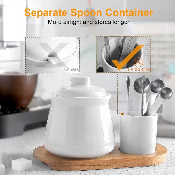 Nucookery Azucarero de porcelana con tapa y cucharas, contenedor grande de 14 onzas para barra de café, juego de azucareros de lujo con cucharas de acero inoxidable (blanco, cuchara dorada) - Imagen 15