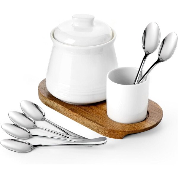 Nucookery Azucarero de porcelana con tapa y cucharas, contenedor grande de 14 onzas para barra de café, juego de azucareros de lujo con cucharas de acero inoxidable (blanco, cuchara dorada) - Imagen 16