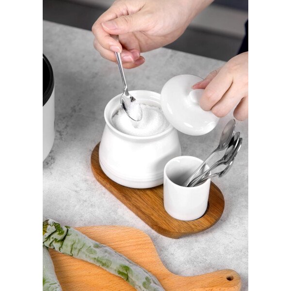 Nucookery Azucarero de porcelana con tapa y cucharas, contenedor grande de 14 onzas para barra de café, juego de azucareros de lujo con cucharas de acero inoxidable (blanco, cuchara dorada) - Imagen 21