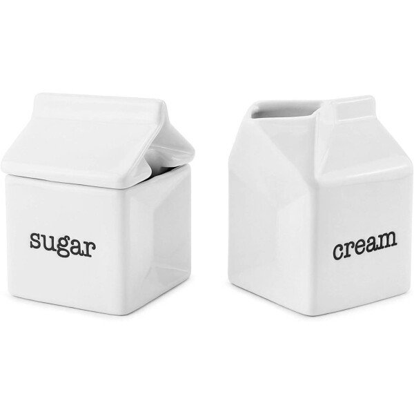 Darware Juego de azúcar y crema, jarra de crema de cerámica blanca en forma de cartón de leche y tazón de azúcar