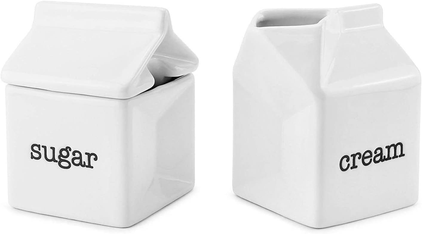 Darware Juego de azúcar y crema, jarra de crema de cerámica blanca en forma de cartón de leche y tazón de azúcar
